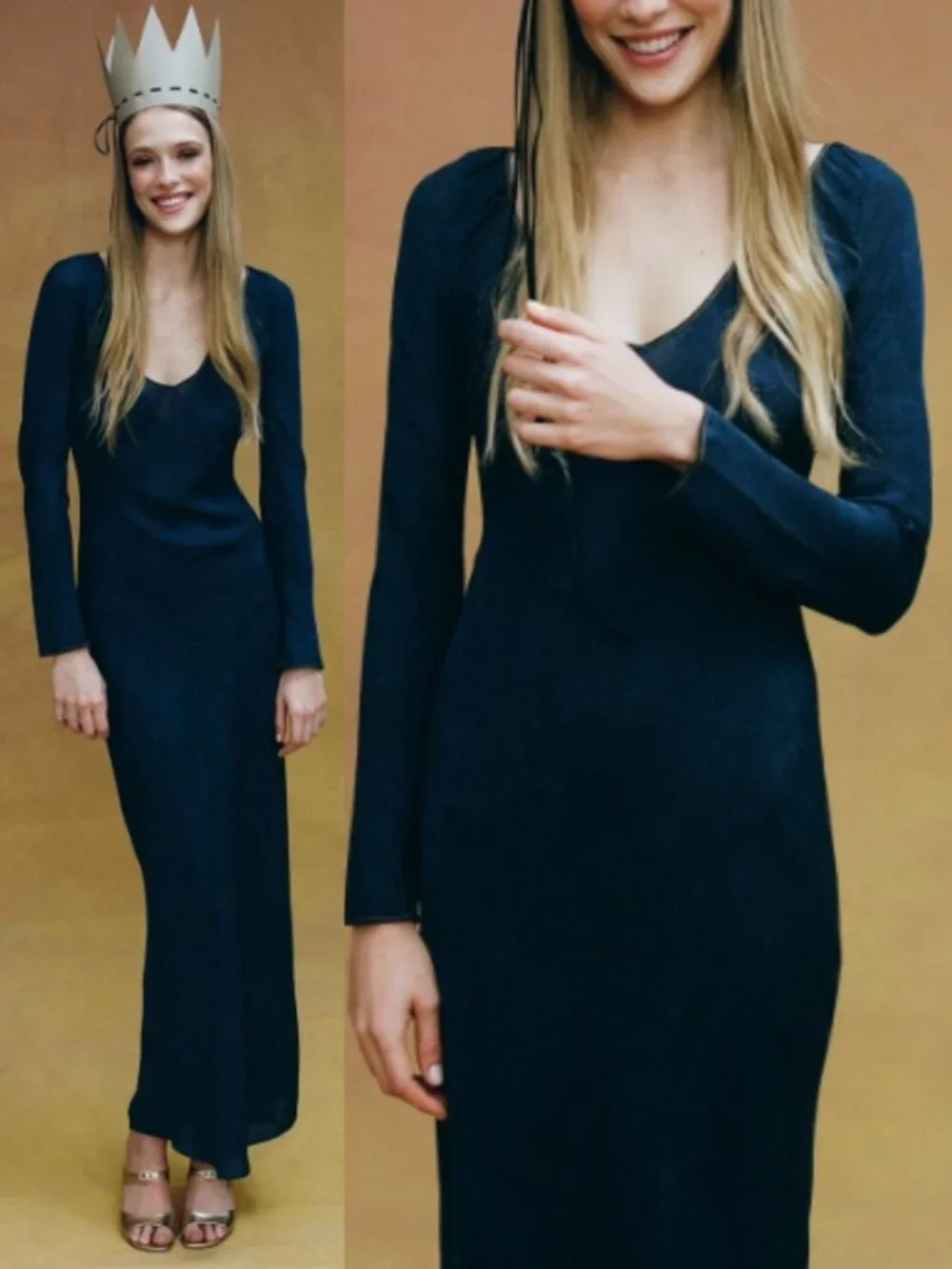 Realisation Par The Odilia Dress Dark Denim Blue Long Sleeve Silk Maxi Size XS